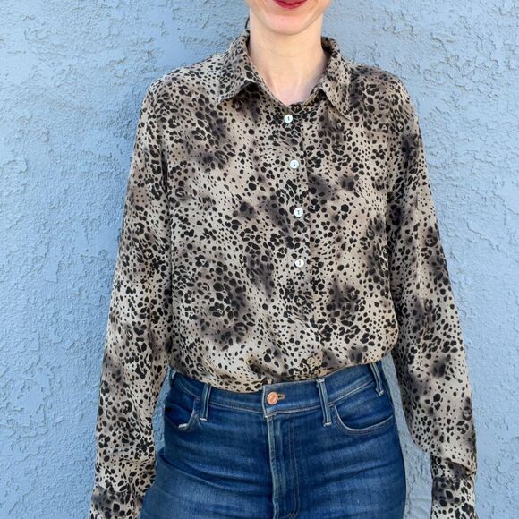 90s Silk Blouse Animal Print Womens large Chic office top - Picture 3 of 10